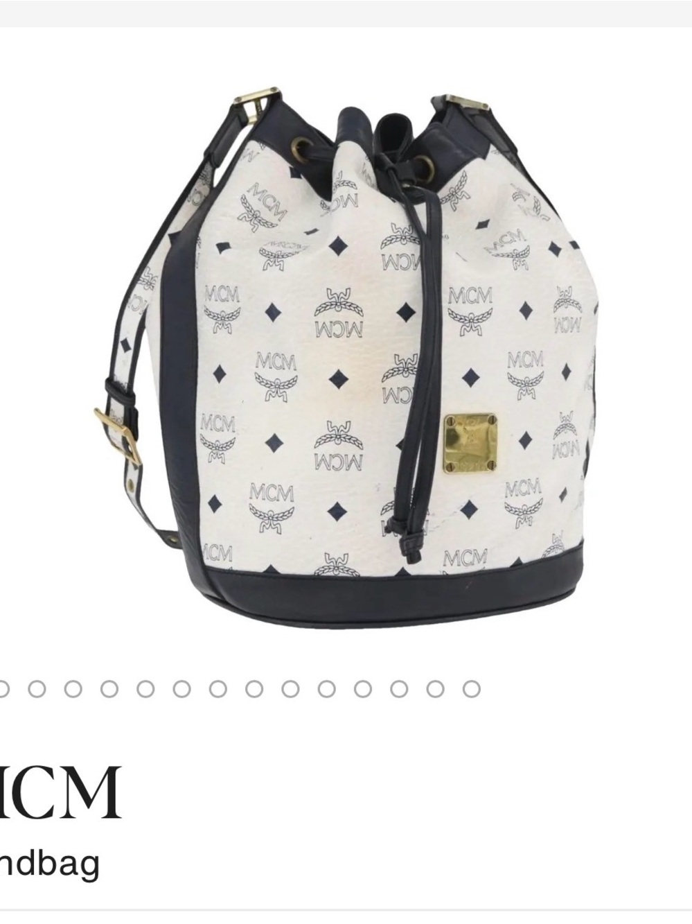 MCM White and Black Logo Drawstring Bucket Bag with Gold Plaque